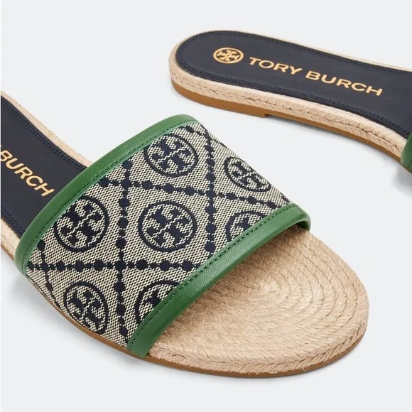 Tory Burch T monogram sandals Green and Beige Women's Slides espadrille size 8.5 - Picture 13 of 13